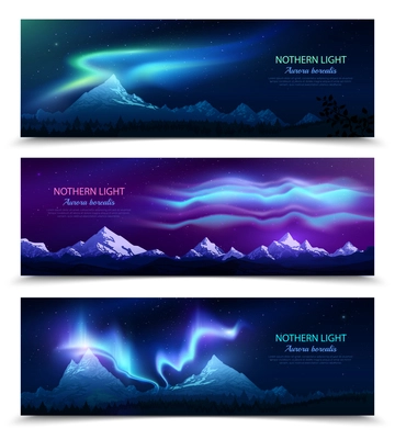 Northern lights aurora borealis night sky and landscape 3 colorful realistic horizontal banners set isolated vector illustration