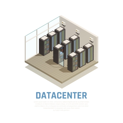 Datacenter composition with information storage and database symbols isometric vector illustration