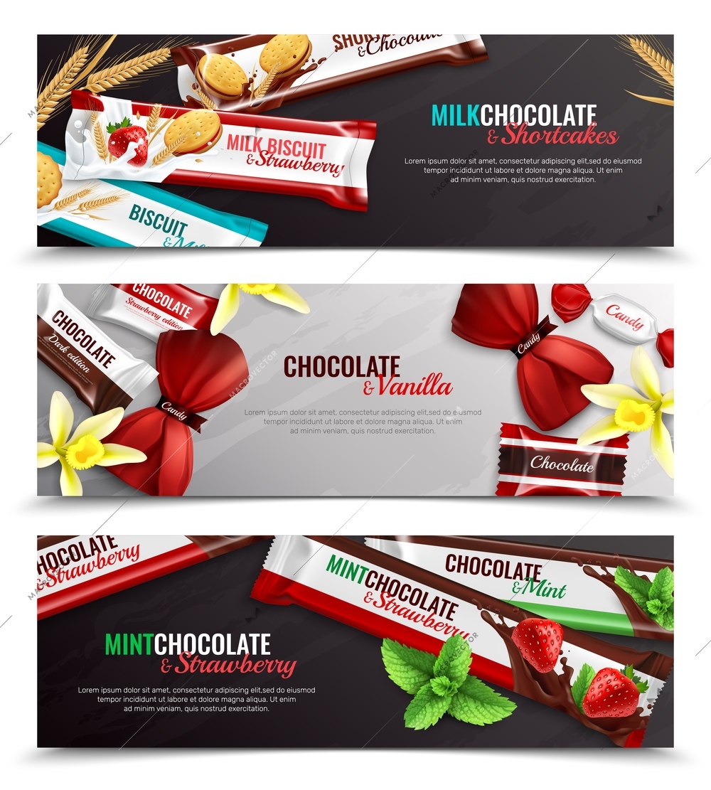 Chocolate candies and biscuits packaging  with vanilla strawberry mint flavor 3 realistic horizontal banners isolated vector illustration