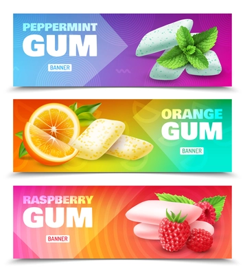 Set of horizontal ad banners realistic chewing gum with various flavor isolated on colorful background vector illustration