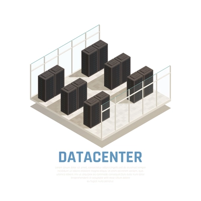 Datacenter concept with server database and computing symbols isometric vector illustration
