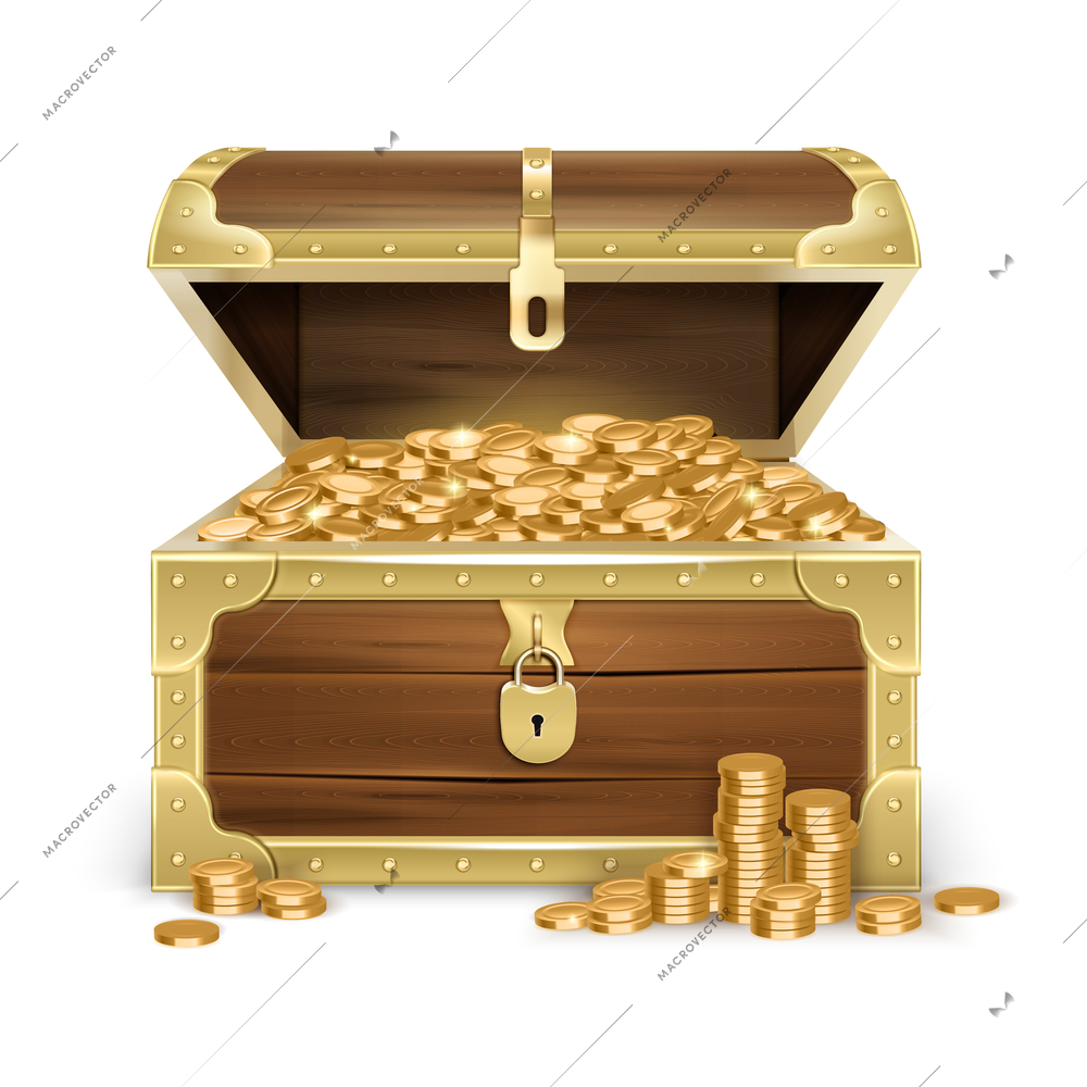 Realistic open old wooden chest with golden coins and lock on white background isolated vector illustration