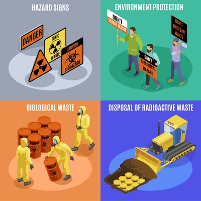 Toxic biological and radioactive waste 4 isometric icons concept with environment protection activists hazard signs vector illustration