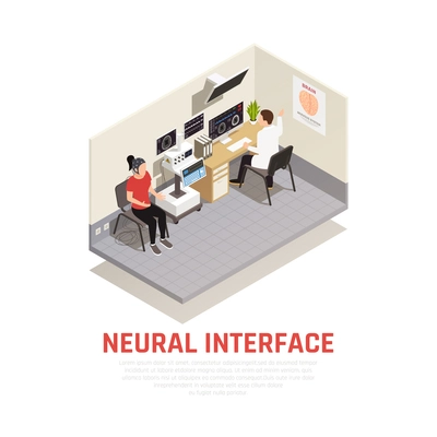 Neurology and neural interface isometric concept with brain research symbols vector illustration