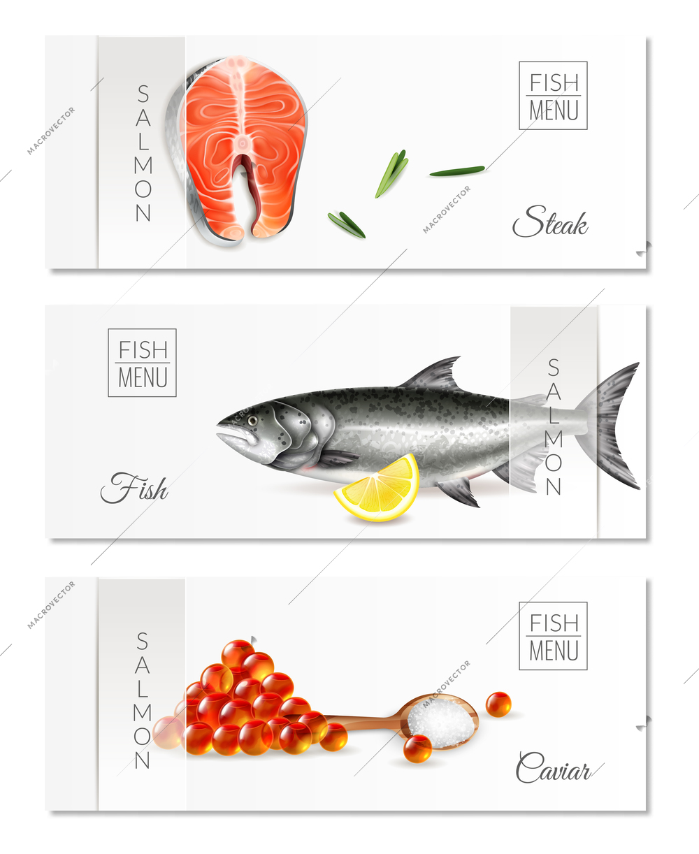 Realistic set of three horizontal banners with fish menu salmon steaks and caviar isolated vector illustration