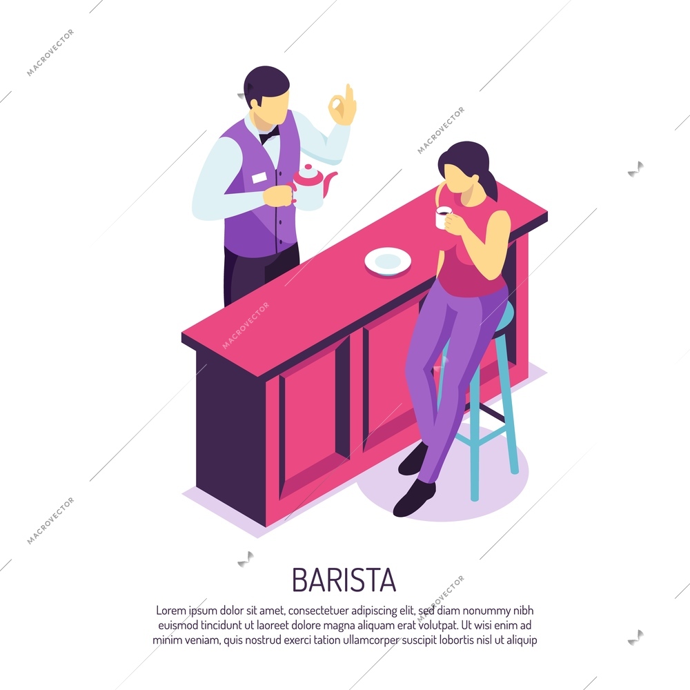 Barista with tea pot near bar desk during customer service on white background isometric vector illustration