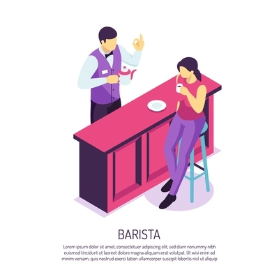 Barista with tea pot near bar desk during customer service on white background isometric vector illustration