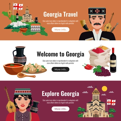 Georgia travel flat horizontal banners website design with national culture traditions food wine landmarks nature vector illustration