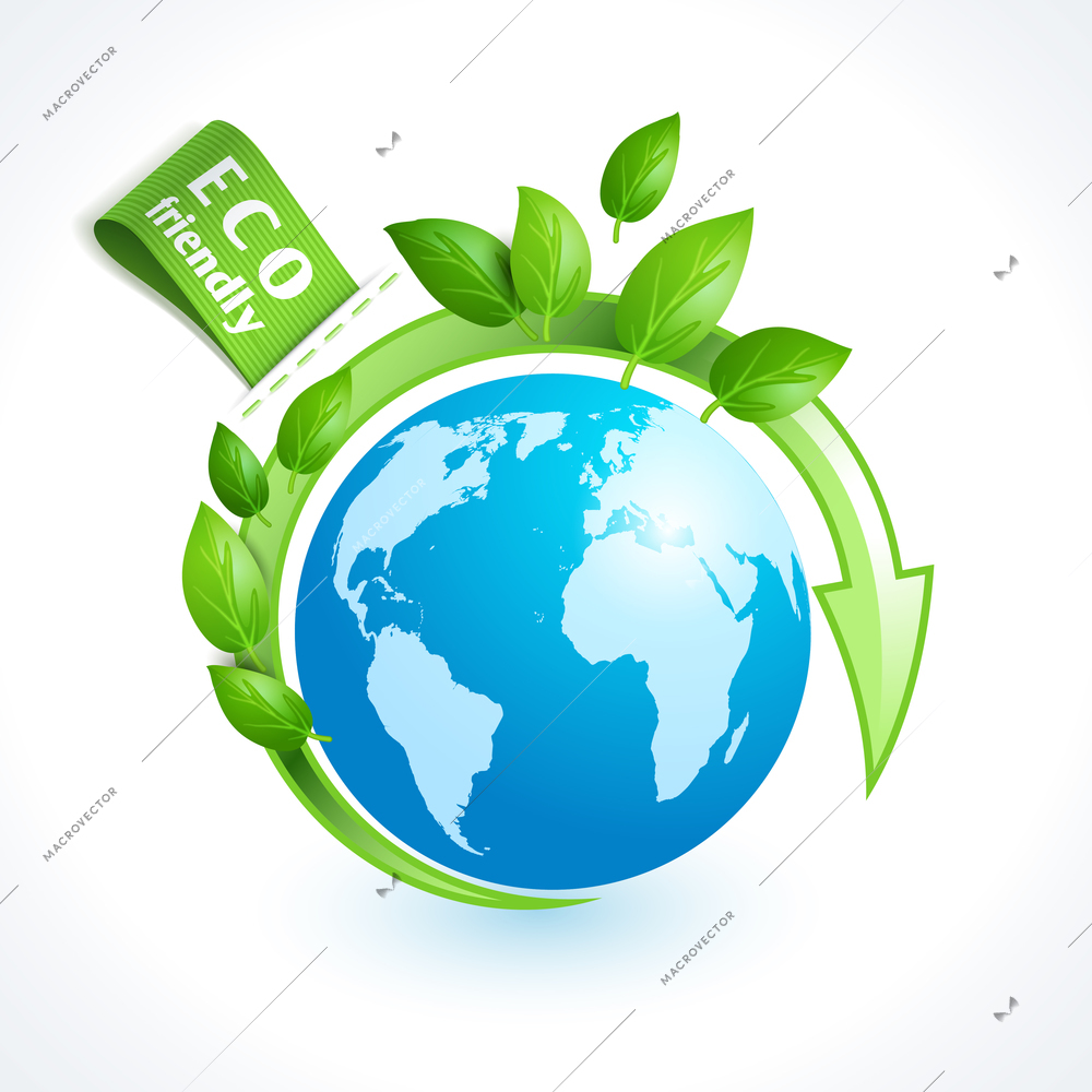 Ecology and waste globe symbol with eco friendly tag isolated on white background vector illustration.