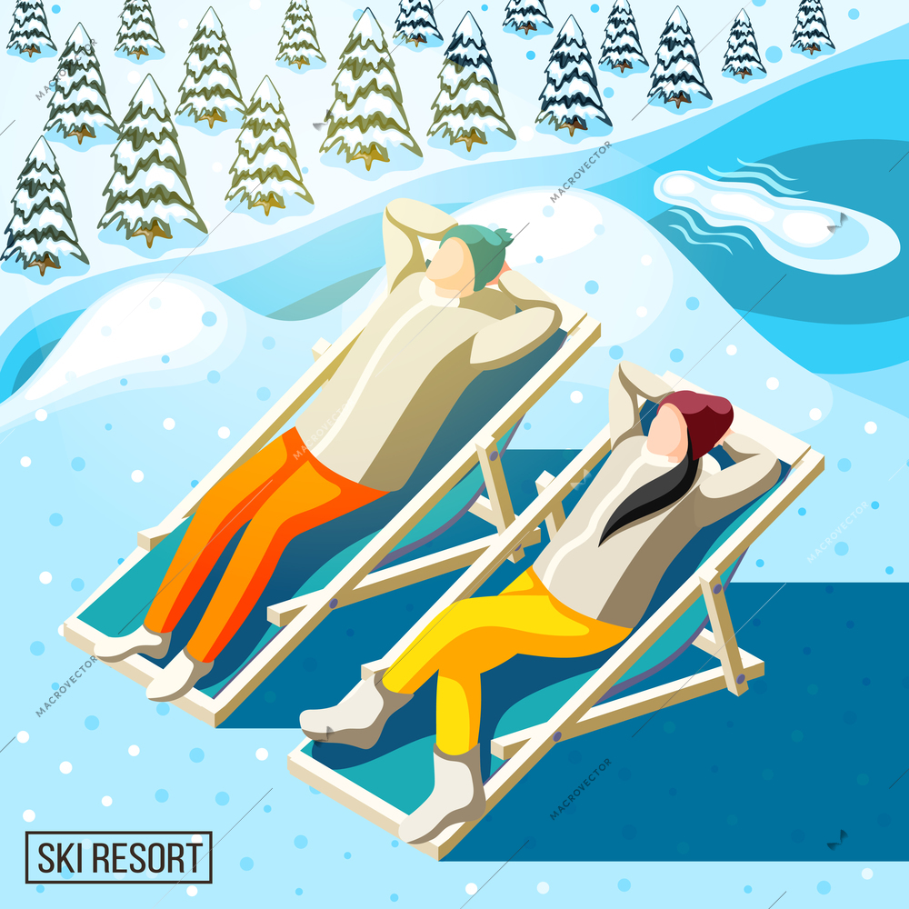 Visitors of ski resort during sun bathing on background of snowy spruces and river isometric vector illustration