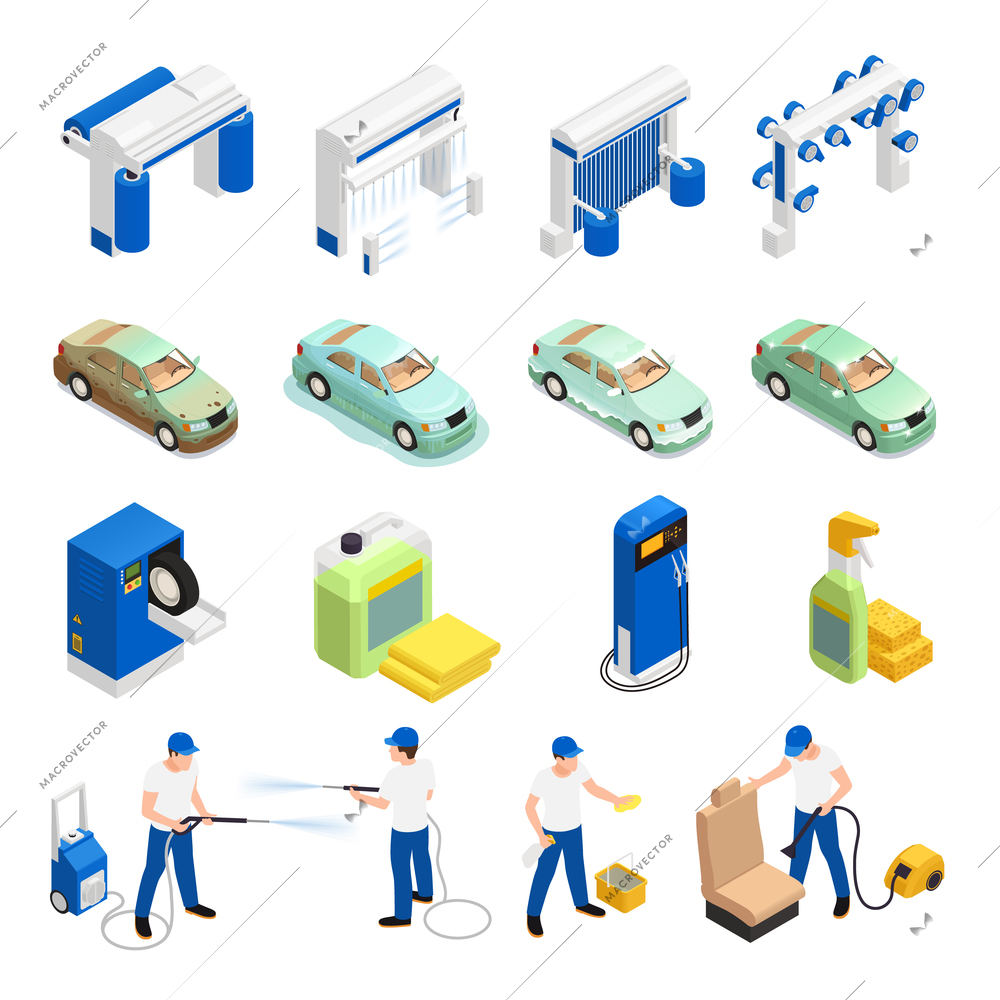 Carwash icons set with automatic car wash symbols isometric isolated vector illustration