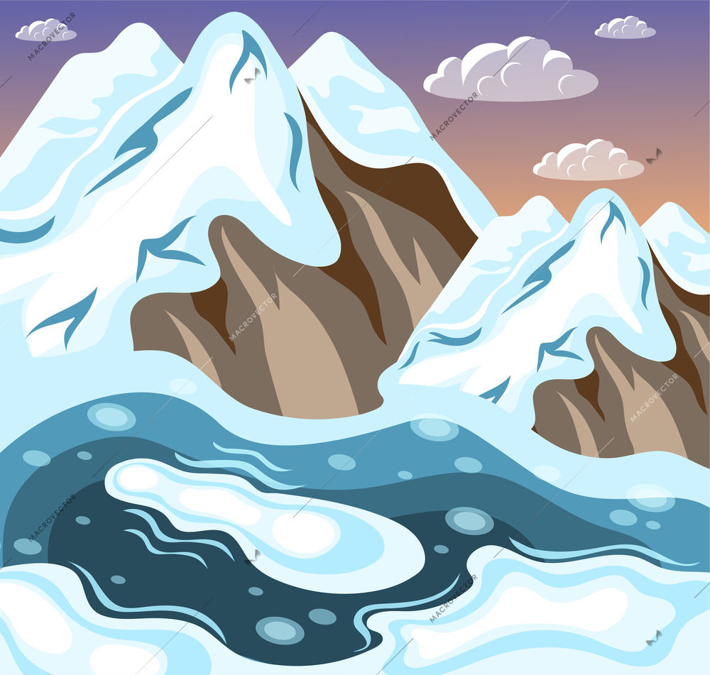 Winter landscaping snowy mountains and melting lake on background of sky and clouds isometric vector illustration