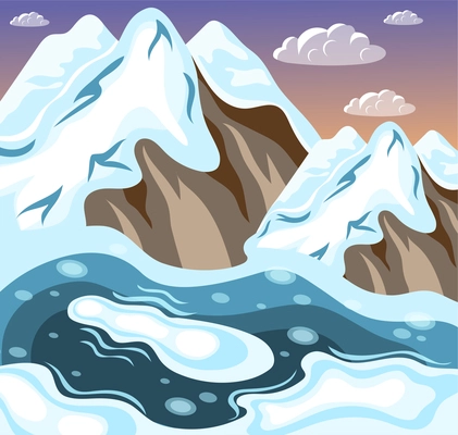 Winter landscaping snowy mountains and melting lake on background of sky and clouds isometric vector illustration