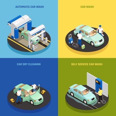 Carwash concept icons set with self service car wash symbols isometric isolated vector illustration