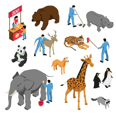 Isometric set of various animals and workers of zoo during professional activity isolated vector illustration