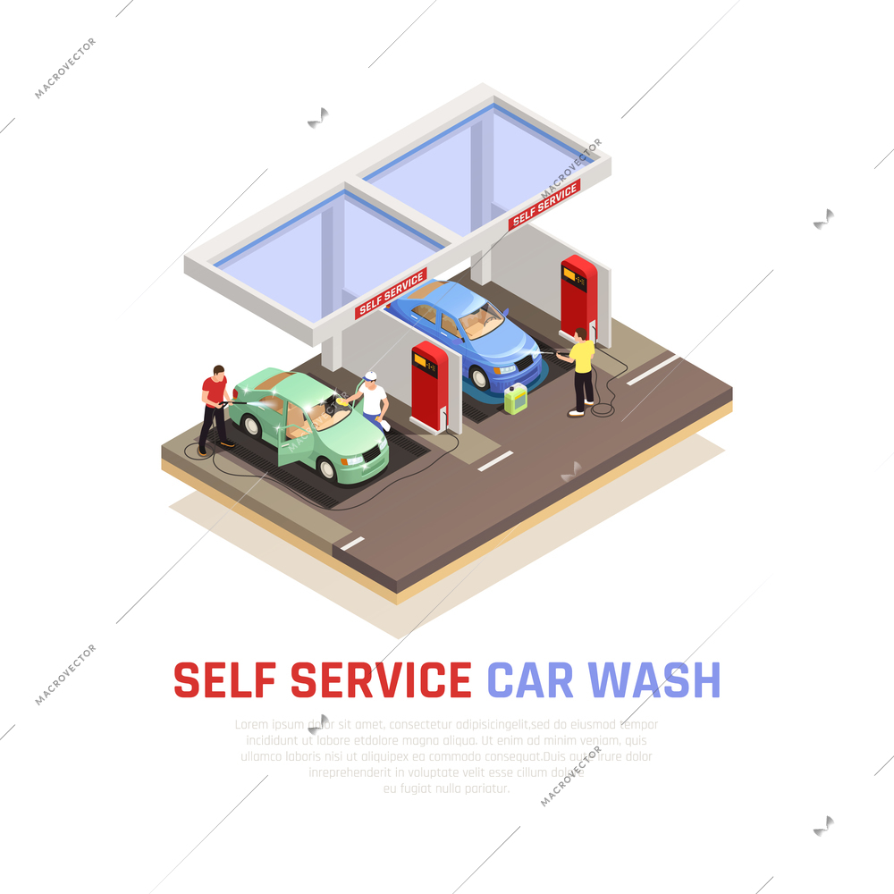 Carwash isometric composition with self service wash symbols vector illustration