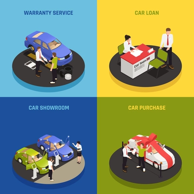 Car dealership concept icons set with car loan symbols isometric isolated vector illustration