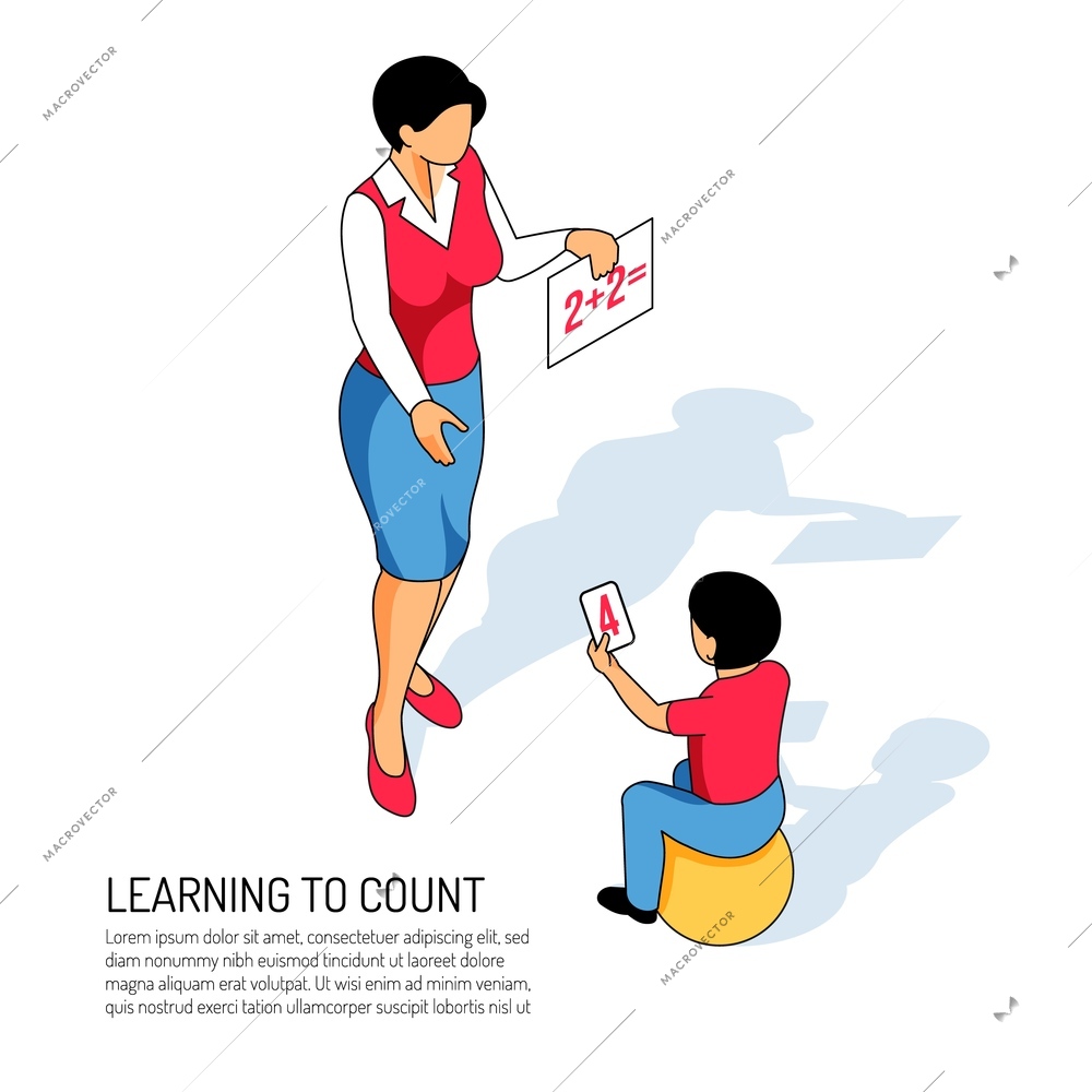 Educator and boy on ball during learning of count in kindergarten on white background isometric vector illustration