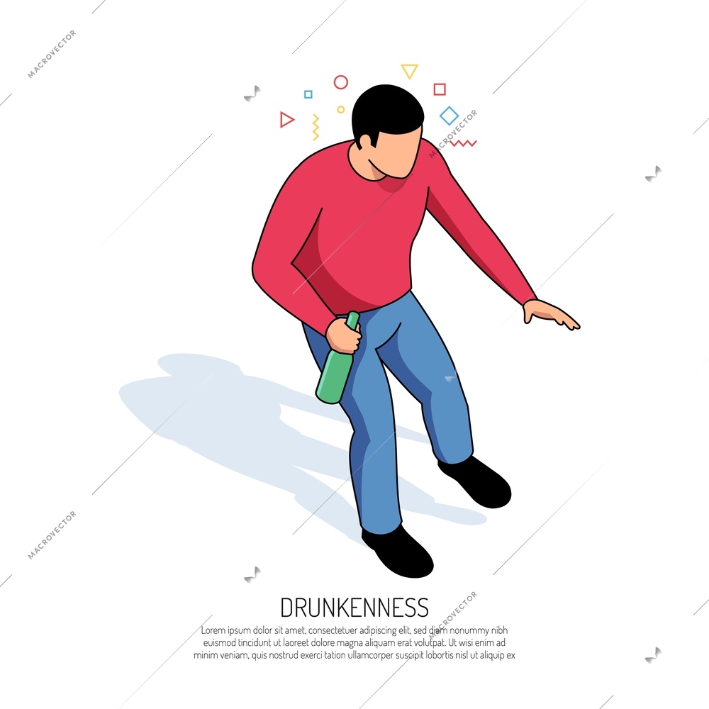 Unbalanced man with colorful geometric elements around head and bottle in hand during drunkenness isometric vector illustration