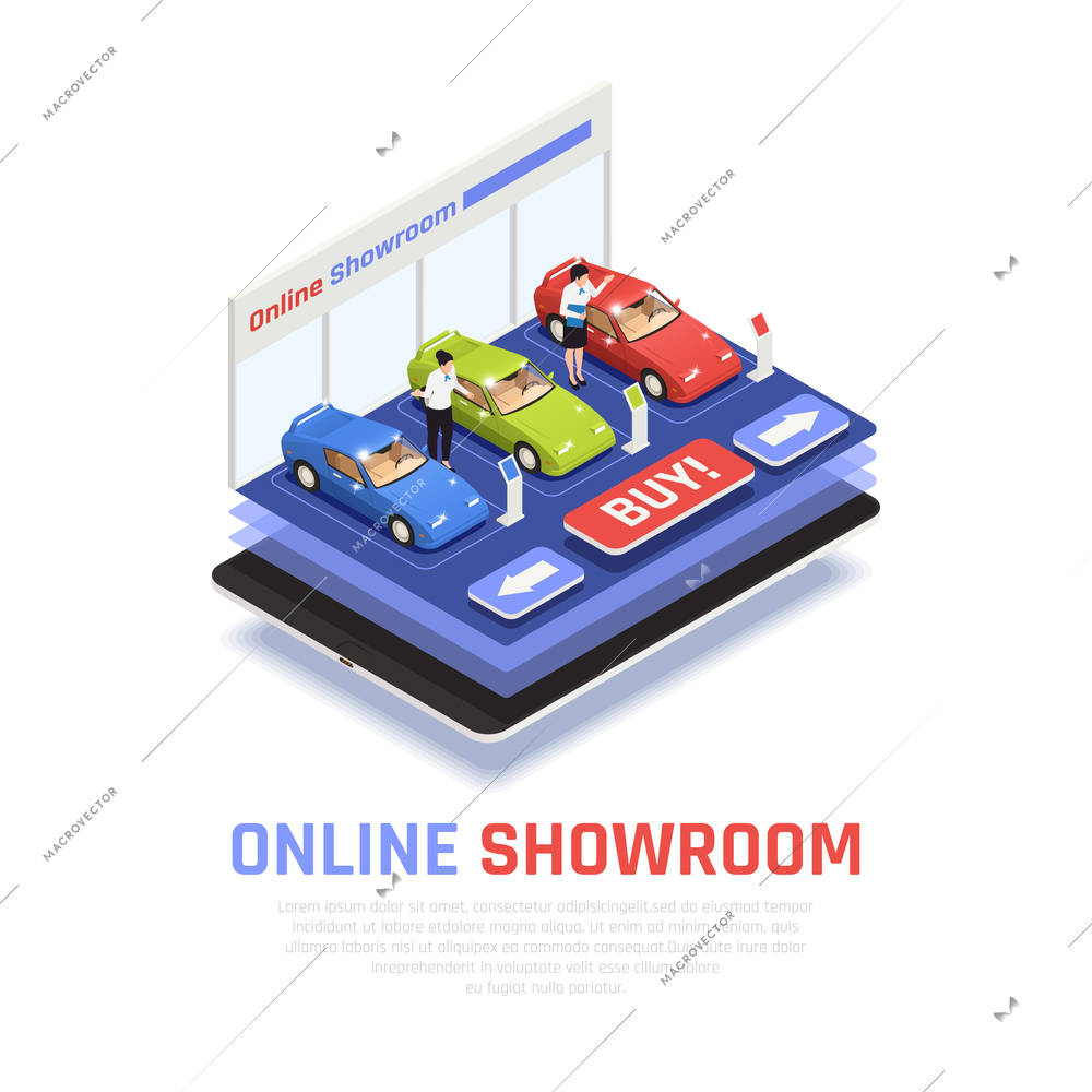 Car dealership composition with online showroom  symbols isometric vector illustration