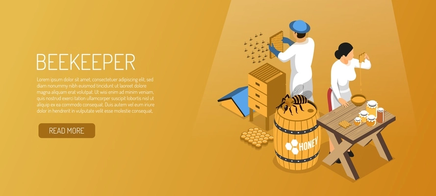 Beekeepers during honey production isometric horizontal banner on pale brown background vector illustration