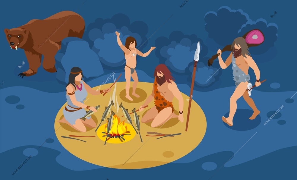 Stone age family isometric composition with hunting and cooking  symbols vector illustration