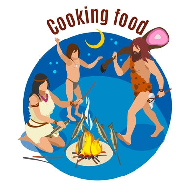 Stone age cooking isometric concept with food symbols vector illustration