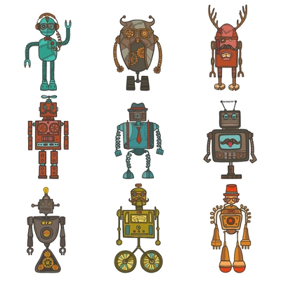 Hipster robot retro humanoid avatar icons set isolated vector illustration