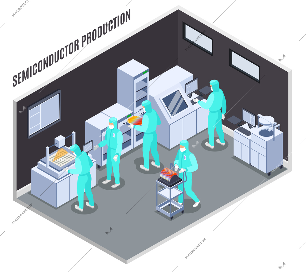 Semicondoctor production composition with technology and laboratory symbols isometric vector illustration