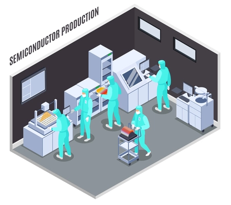 Semicondoctor production composition with technology and laboratory symbols isometric vector illustration