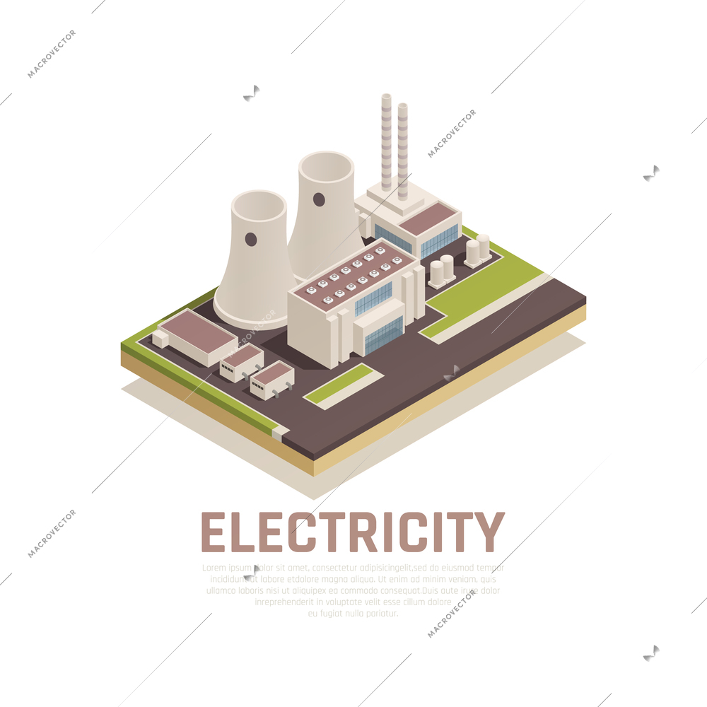 Electricity concept with plant building and industry symbols isometric vector illustration