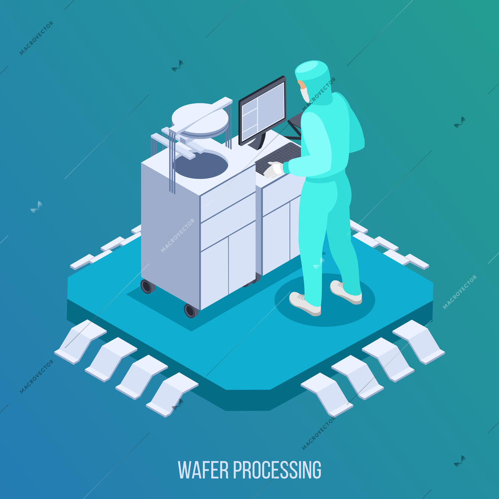 Semicondoctor production isometric composition with wafer processing symbols isometric vector illustration