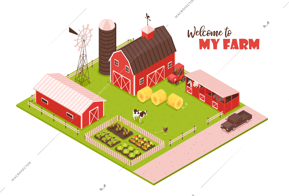 Isometric farm background with editable text and view of farmstead buildings barns agrimotor and wind spinner vector illustration