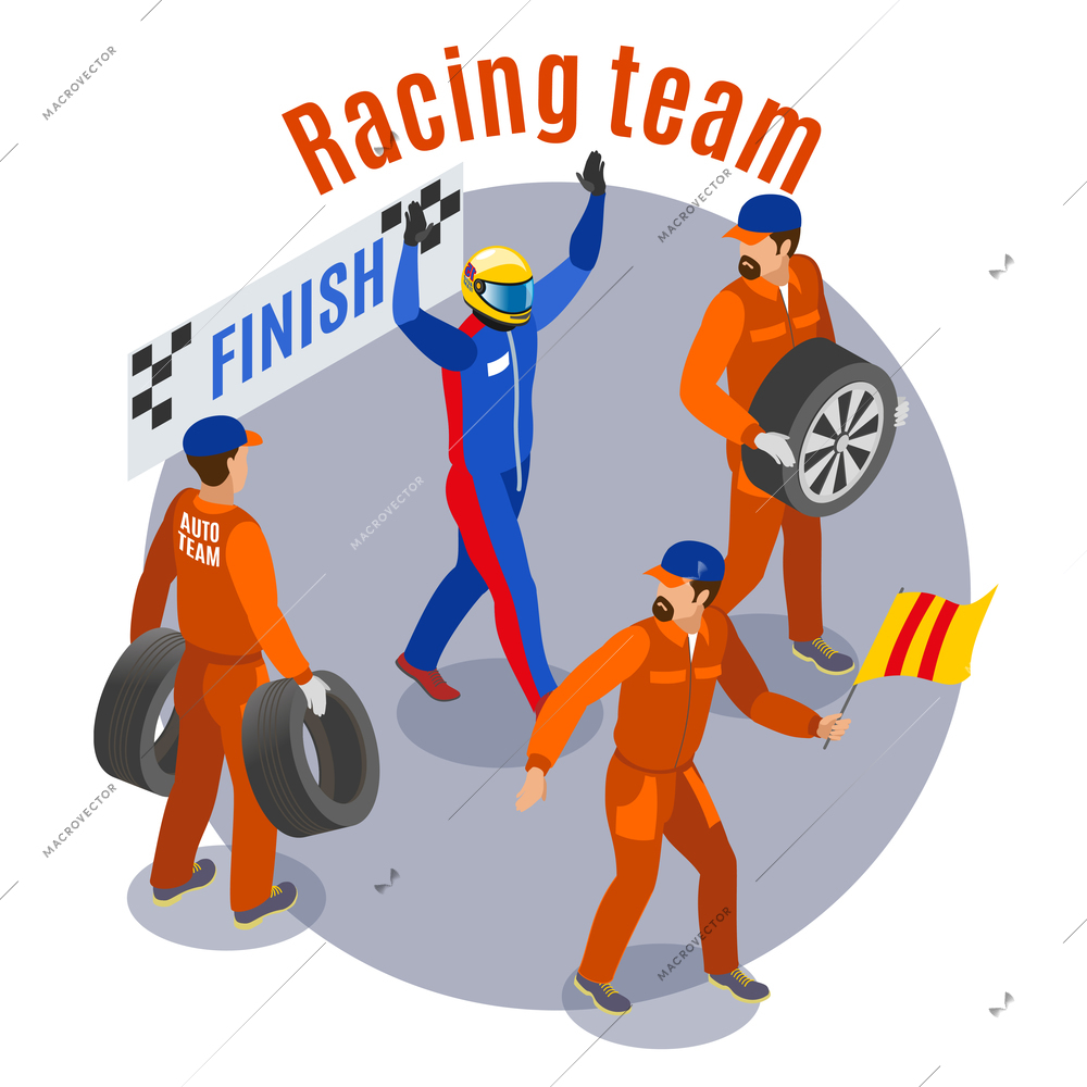 Racing sports composition with racinf team at finish symbols isometric vector illustration