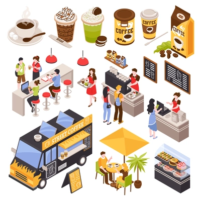 Isometric coffee house barista set with isolated human characters bar counter with seats menu and cups vector illustration