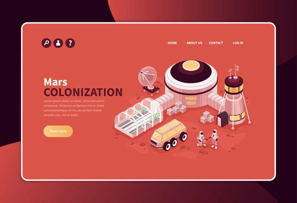 Isometric mars colonization concept banner website page design with editable text links and exterrestrial base image vector illustration