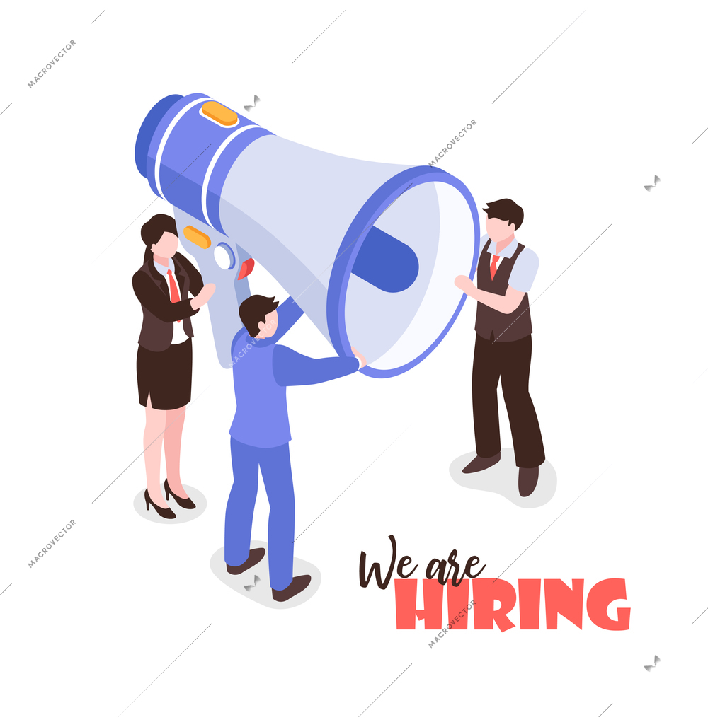 Isometric job search recruitment composition on white background with text and group of people holding megaphone vector illustration