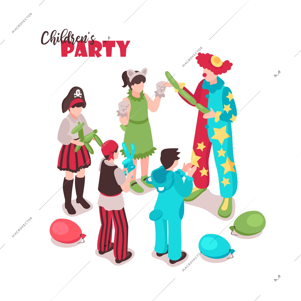 Isometric kids animator background with ornate text and group of children in festive costumes with entertainer vector illustration