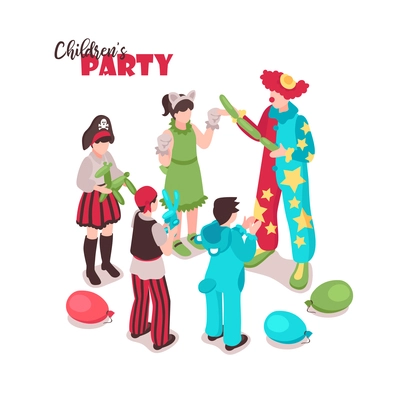 Isometric kids animator background with ornate text and group of children in festive costumes with entertainer vector illustration