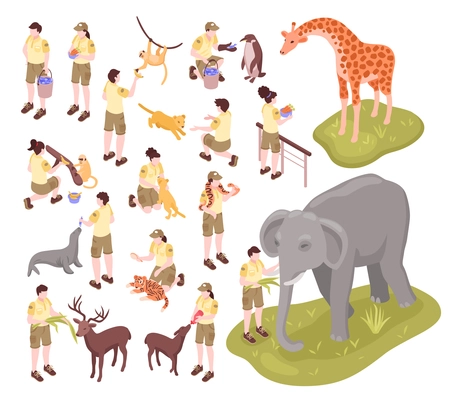 Isometric zoo workers set of isolated human characters of zoo keepers and animals on blank background vector illustration