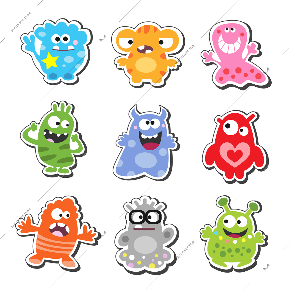 Cartoon funny and cute monsters icons set, isolated vector illustration