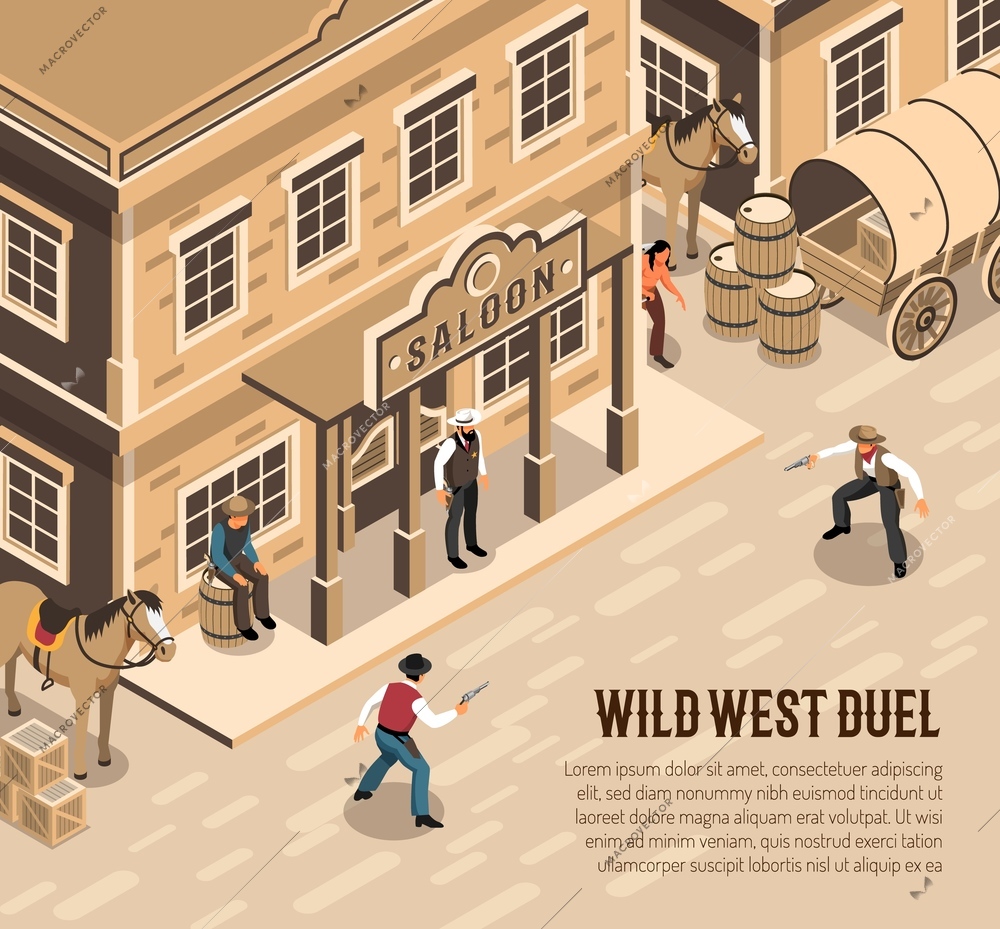 Wild west cowboys with pistols during duel sheriff near entrance of saloon isometric vector illustration