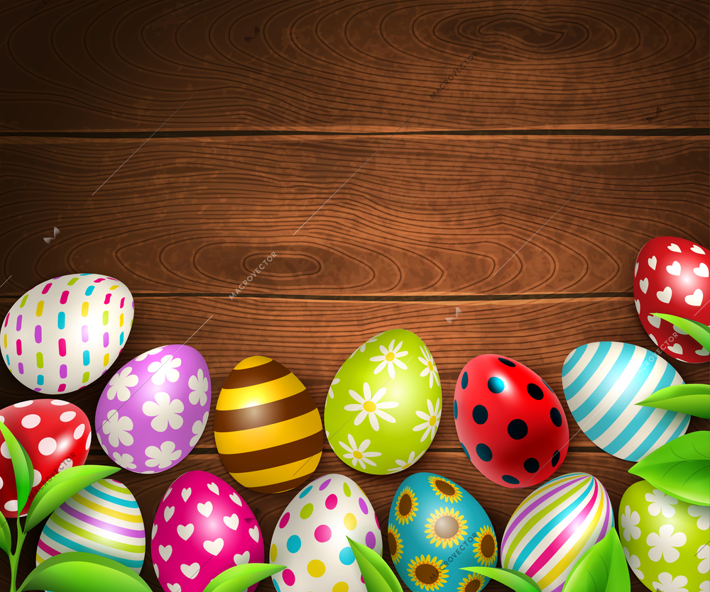 Easter background with top view of wooden table texture with colourful eggs and green leaves images vector illustration