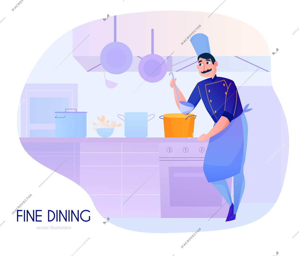 Colorful cartoon composition with male cook tasting soup in restaurant kitchen vector illustration