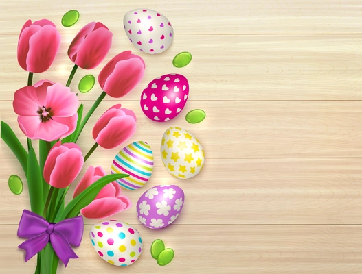 Easter bouquet of flowers with colourful eggs on natural wooden table background with leaves and bow vector illustration