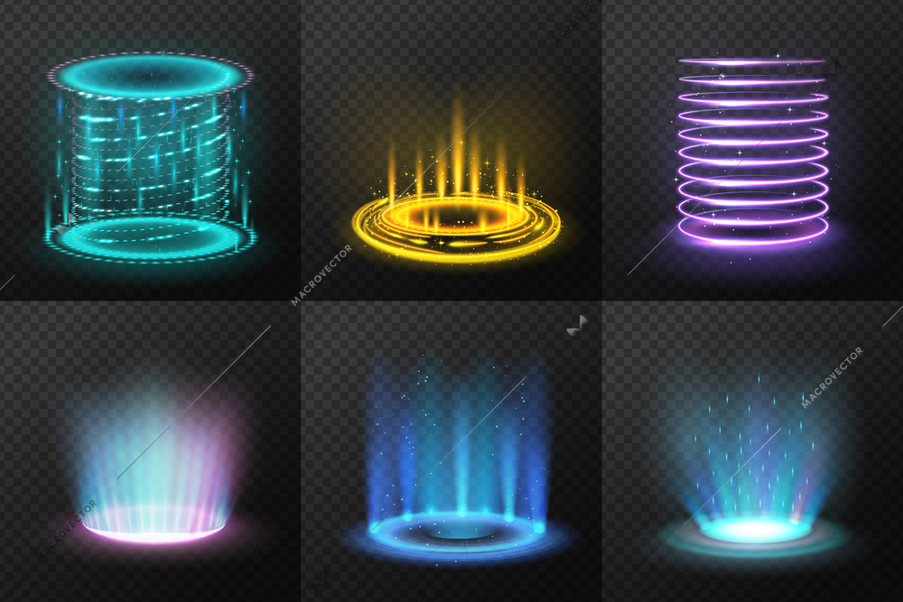 Set of realistic colorful magic portals with light streams on dark transparent background isolated vector illustration