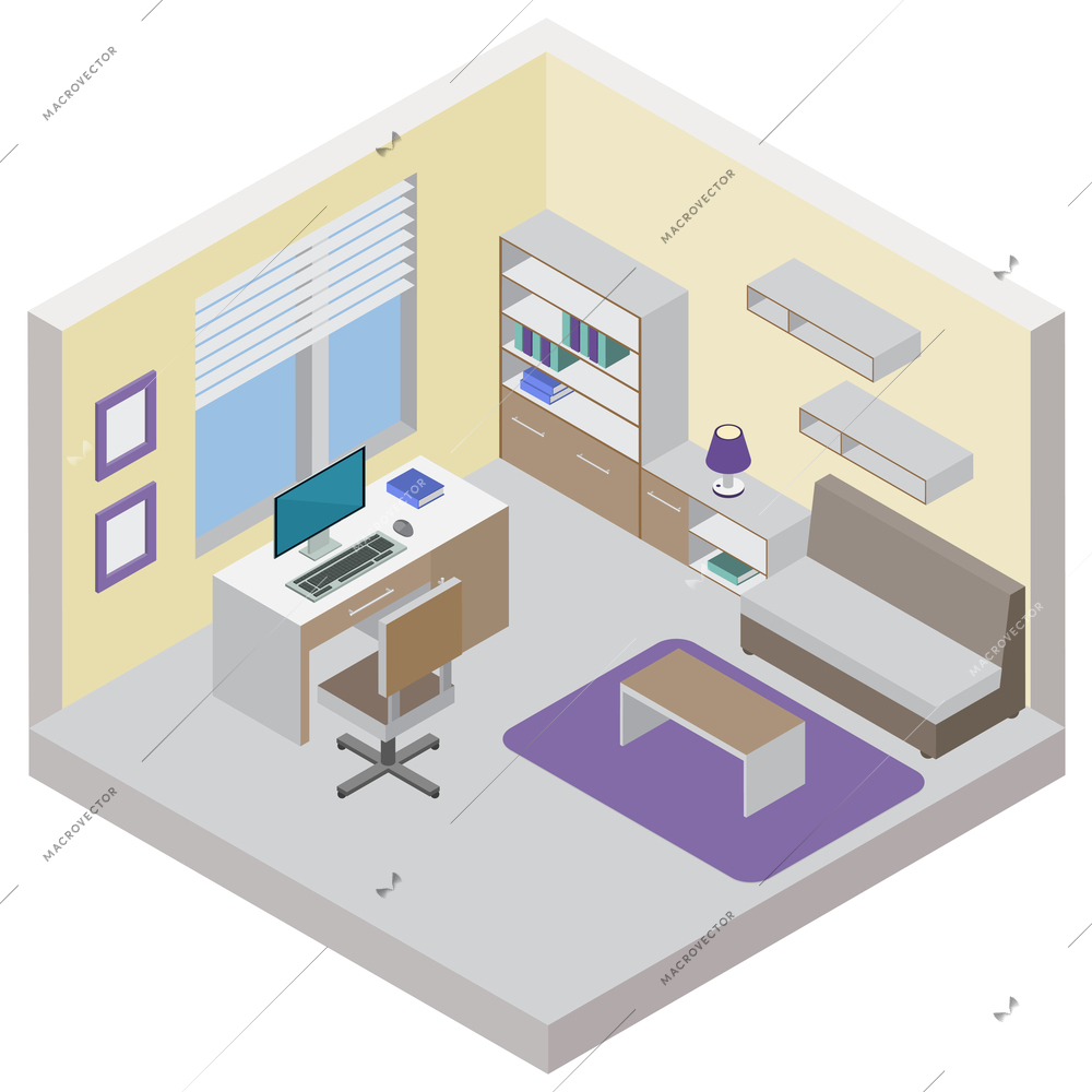 Work room isometric design concept with workplace bookshelves and guest area vector illustration