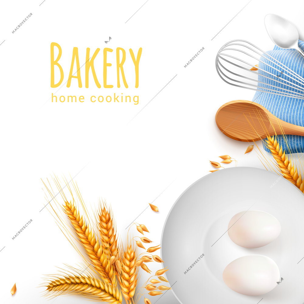 Home cooking tools kitchen baking utensils realistic composition with wooden spoon whisk teaspoon grain eggs vector illustration