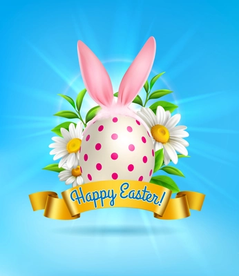 Cute realistic easter composition with painted egg bunny ears and flowers on blue background vector illustration