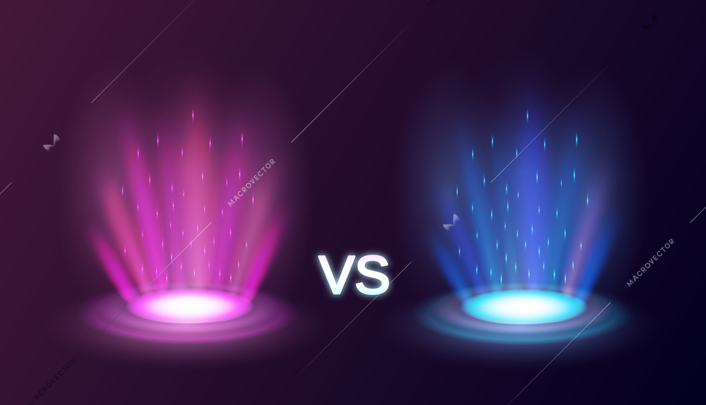 Realistic radiant magic portals pink vs blue with light effects on black background vector illustration